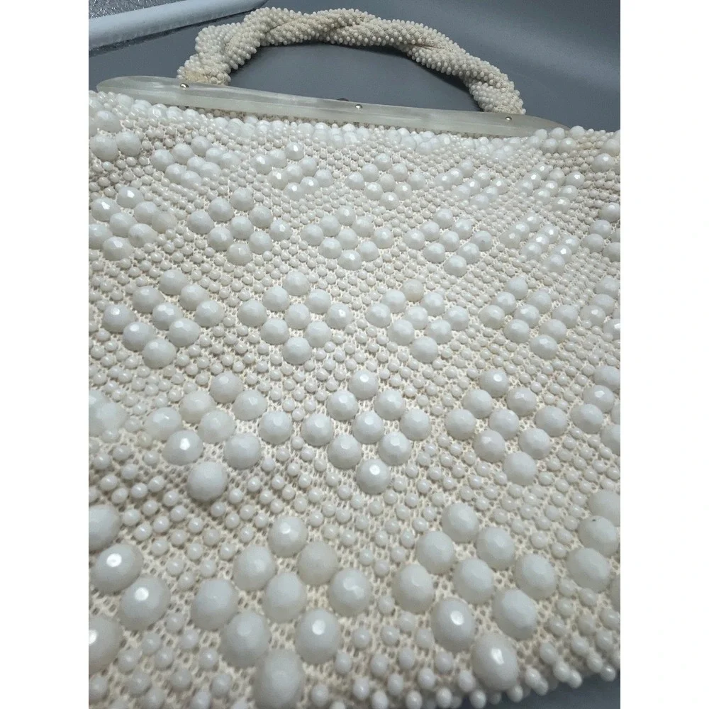Vintage Beaded Off White Handbag‎ Hong Kong Pearlized Lucite Trim 1960s